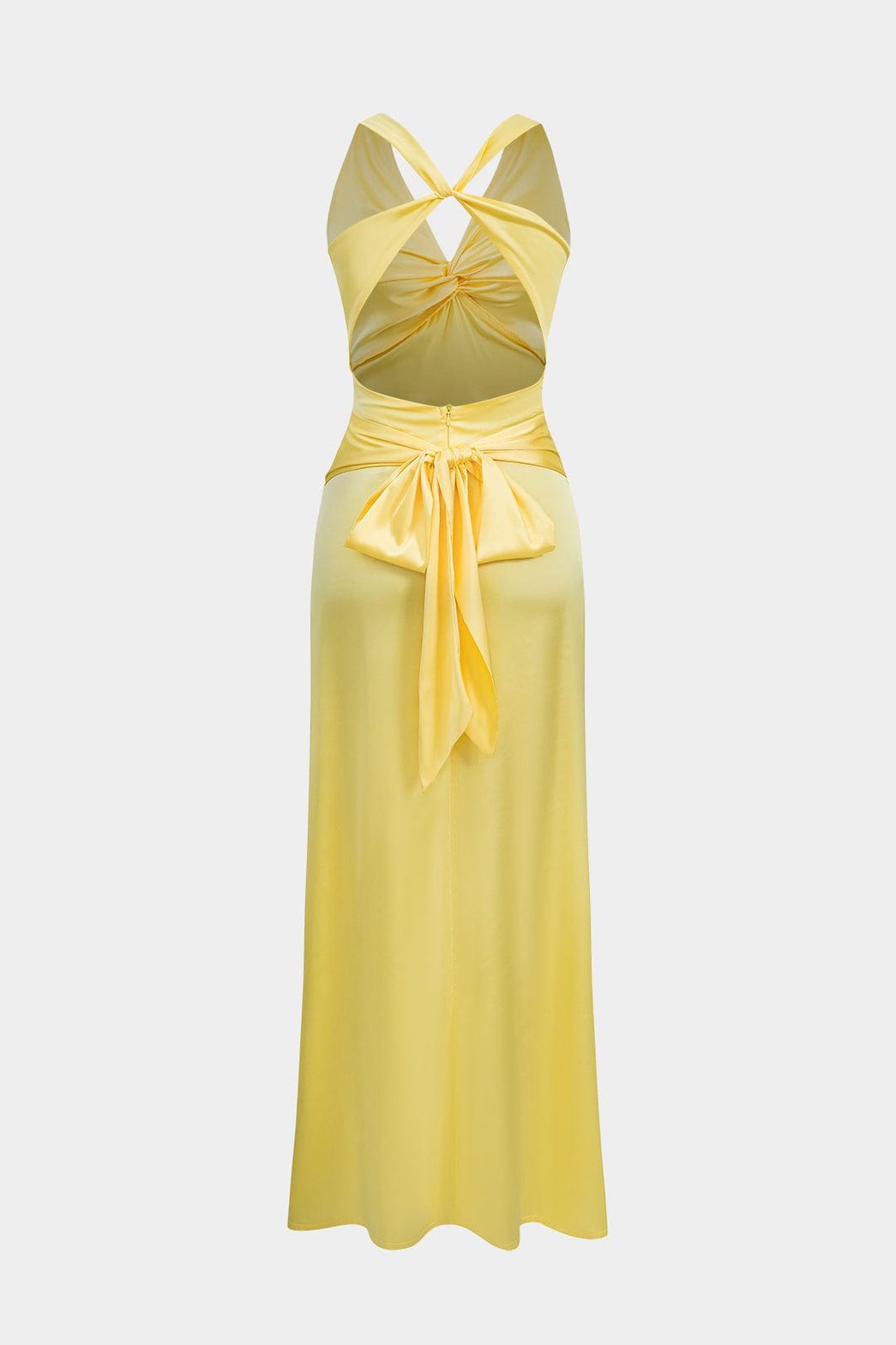 Robe longue satinée jaune vue de dos étoile