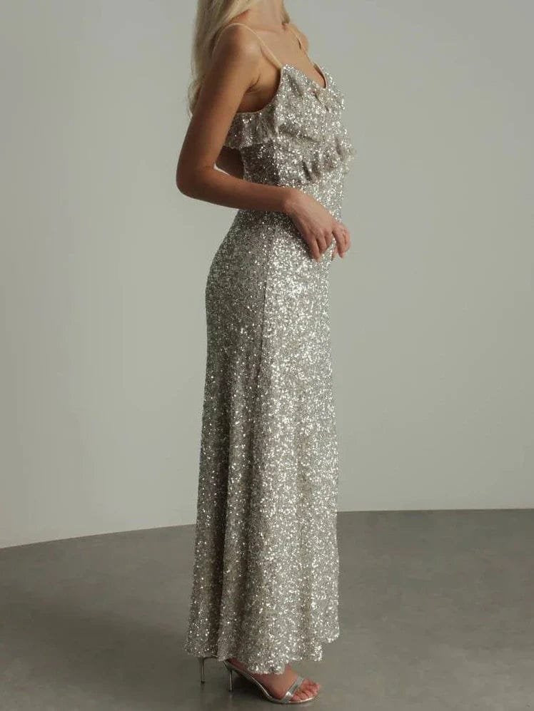 Robe longue scintillante argentée étoile