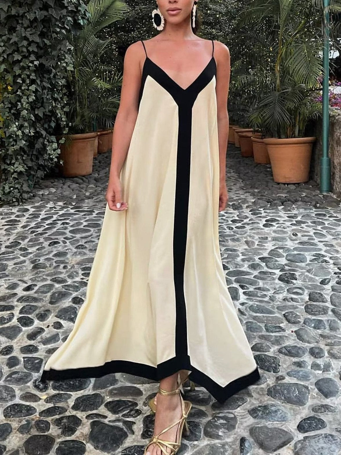 Robe longue bicolore beige et noire soleil