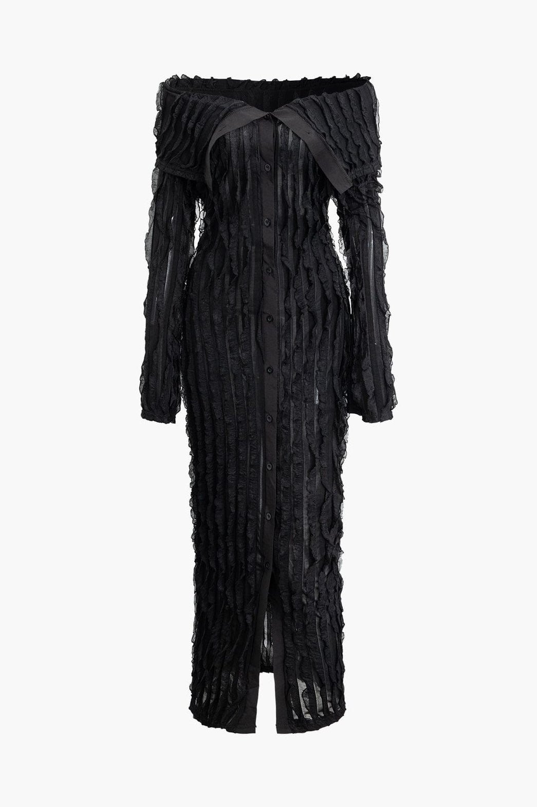 Robe longue noire texturée vue de face soleil
