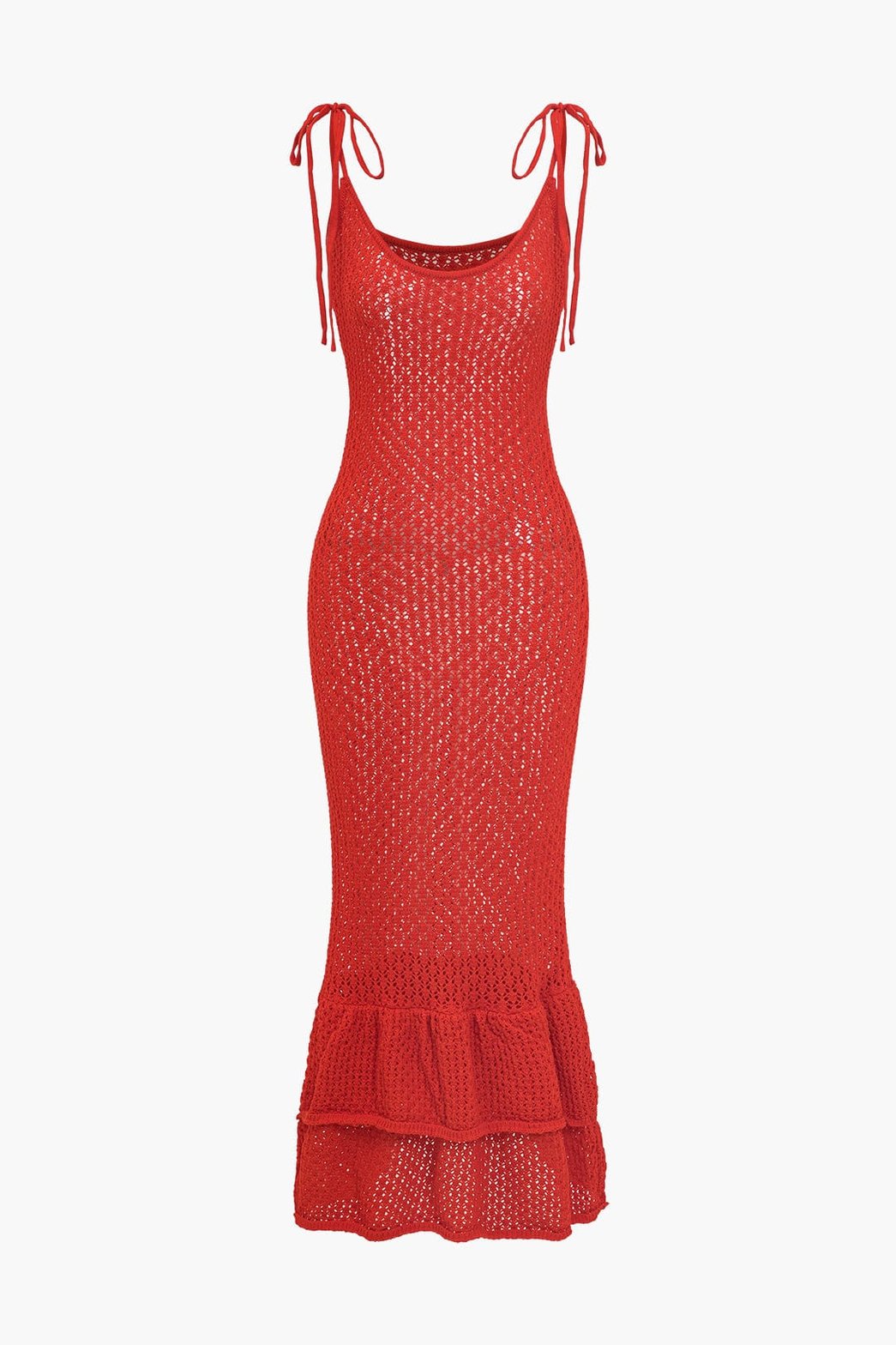 Robe longue tricot rouge à bretelles nouées étoile
