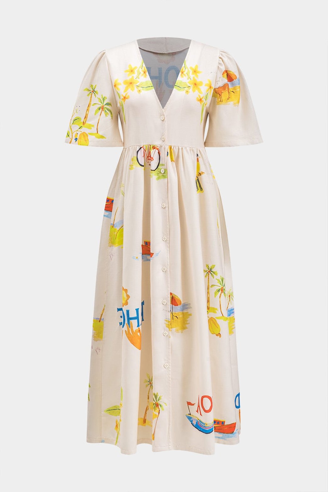 Robe longue tropicale beige avec motifs palmiers soleil