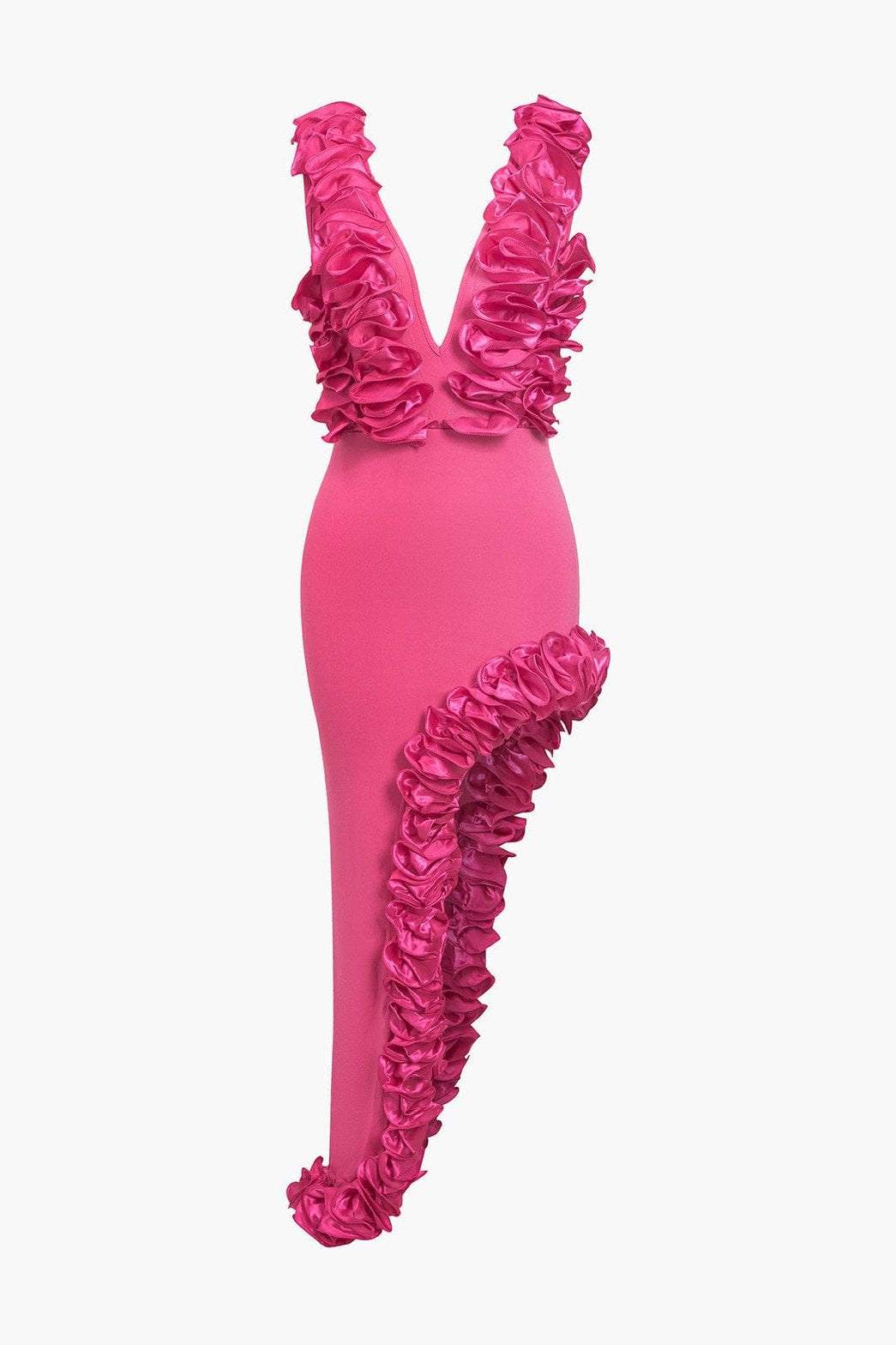 Robe longue rose fuchsia avec volants asymétriques étoile