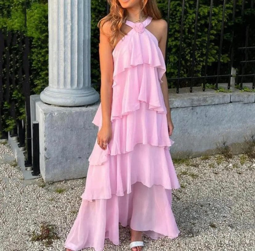 Robe longue volantée rose pâle sunset