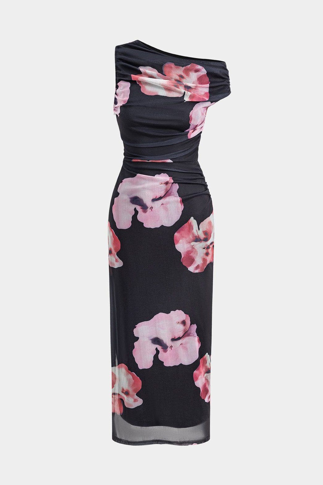 Robe midi asymétrique fleurie noire et rose étoile