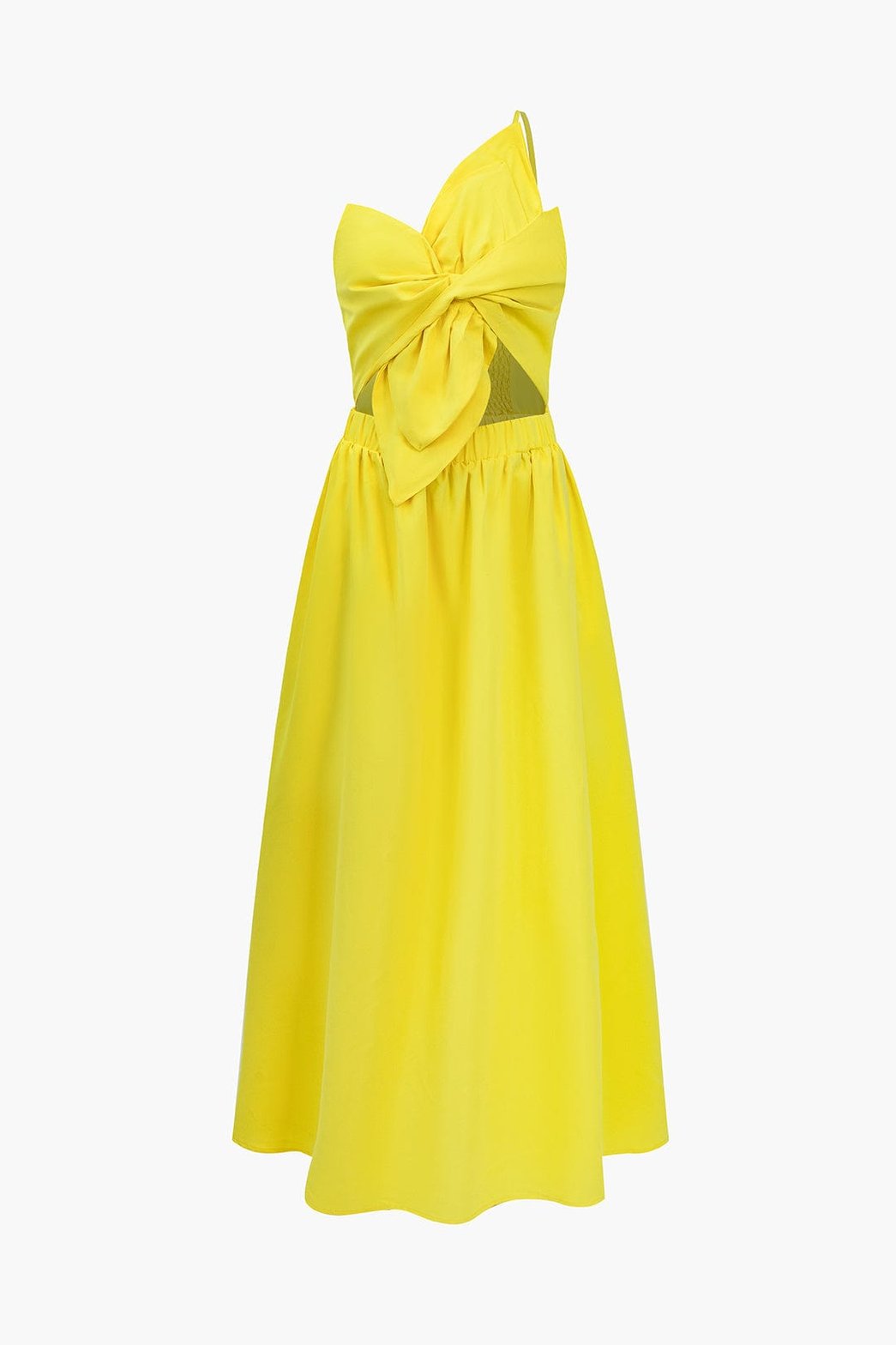 Robe midi asymétrique jaune avec nœud drapé soleil