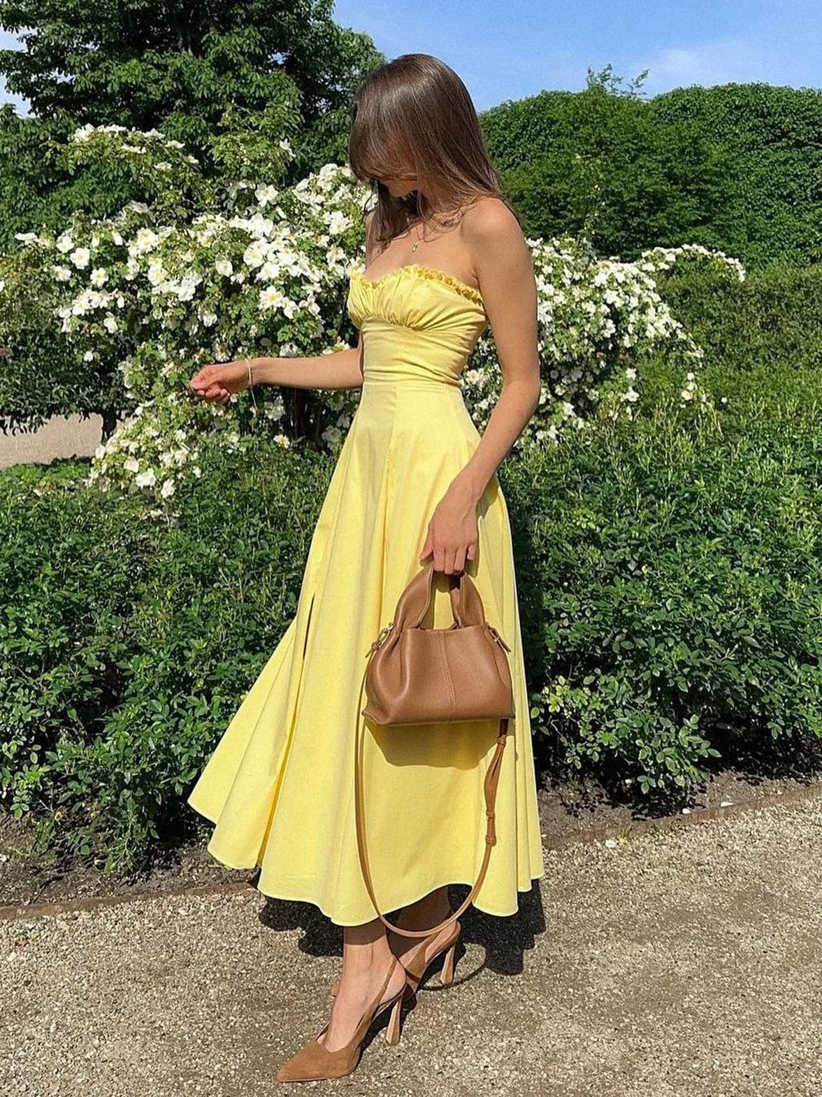 Robe midi corset jaune citron vue de face soleil