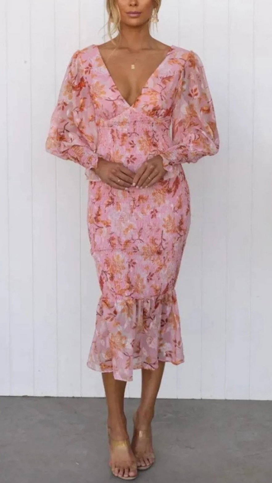 Robe midi florale rose harmonie