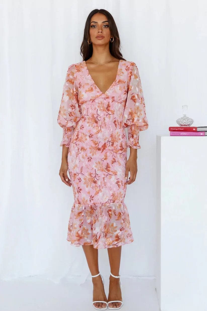 Robe midi rose manches bouffantes étoile