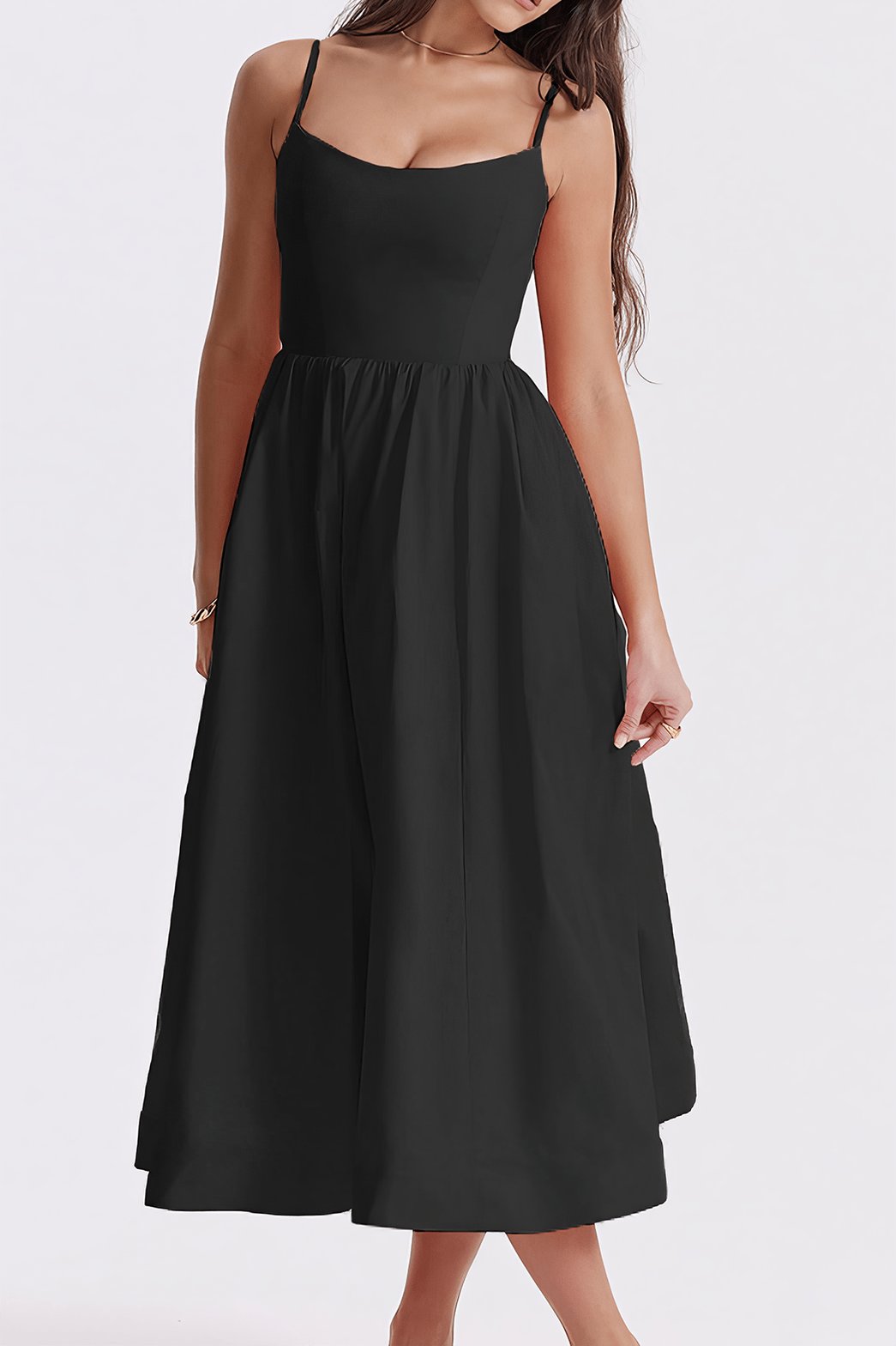 Robe midi noire fluide à bretelles fines papillon