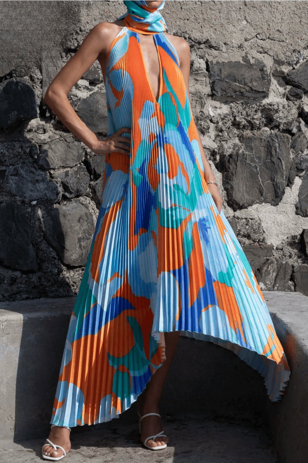 Robe midi plissée motif abstrait coloré soleil
