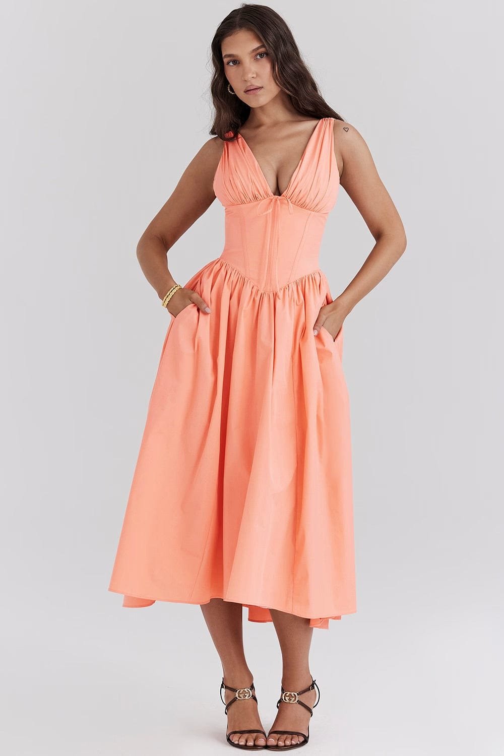 Robe midi élégante corail soleil