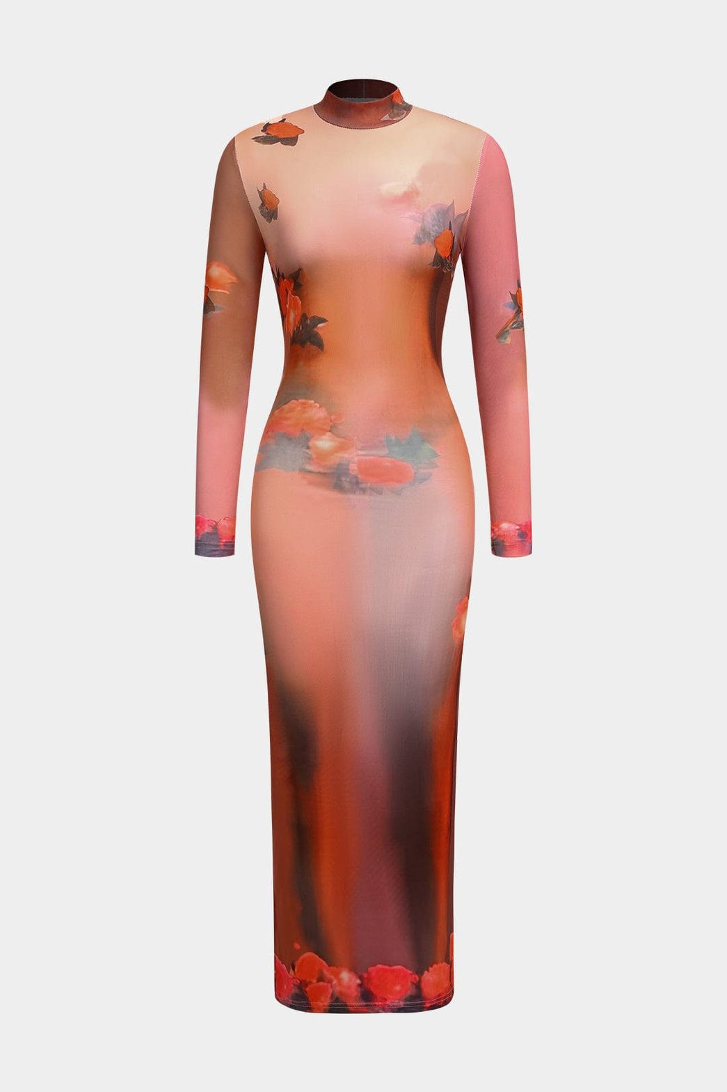 Robe midi fleurie élégante col montant corail soleil