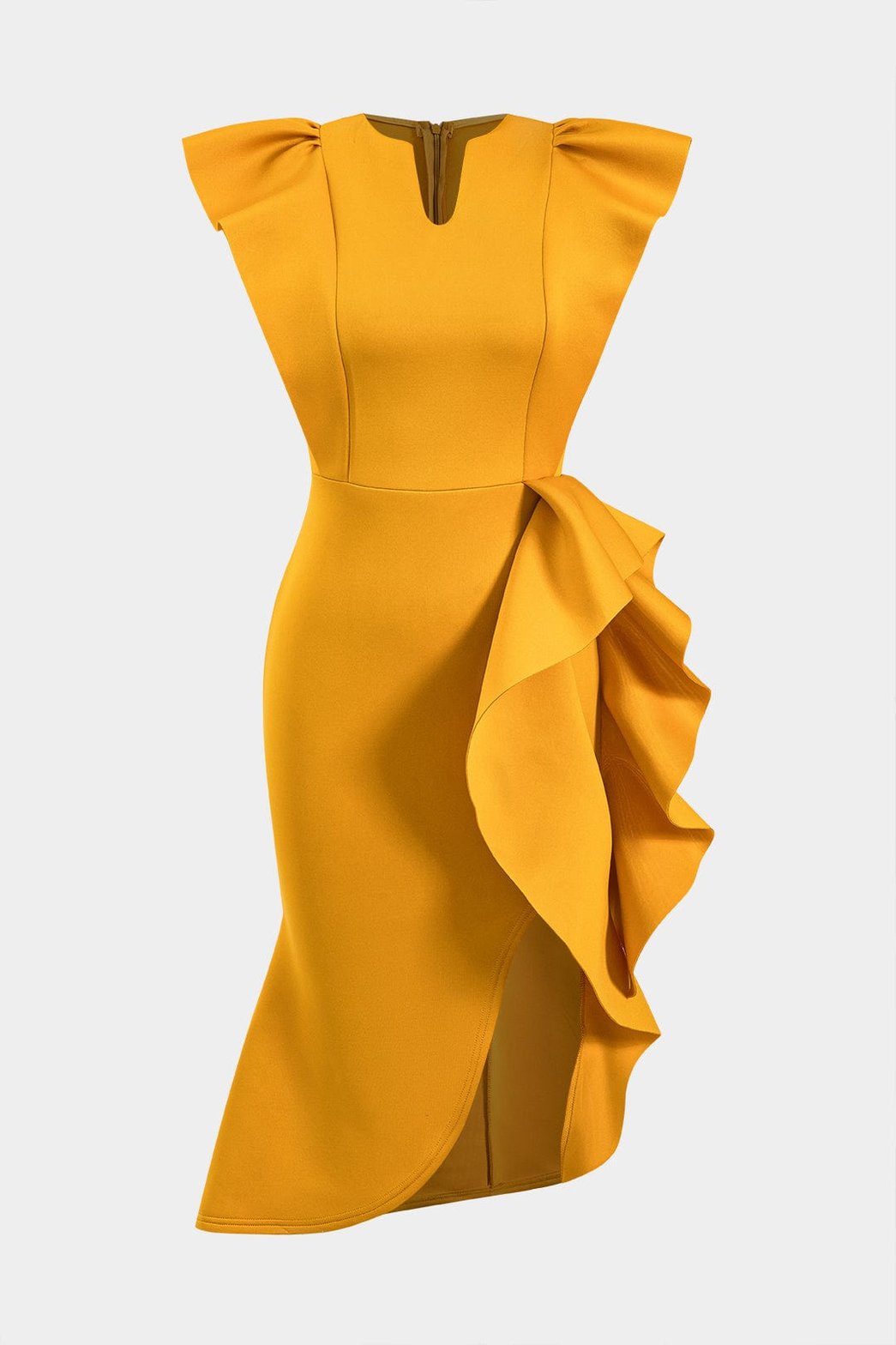 Robe midi moutarde à volants latéraux soleil
