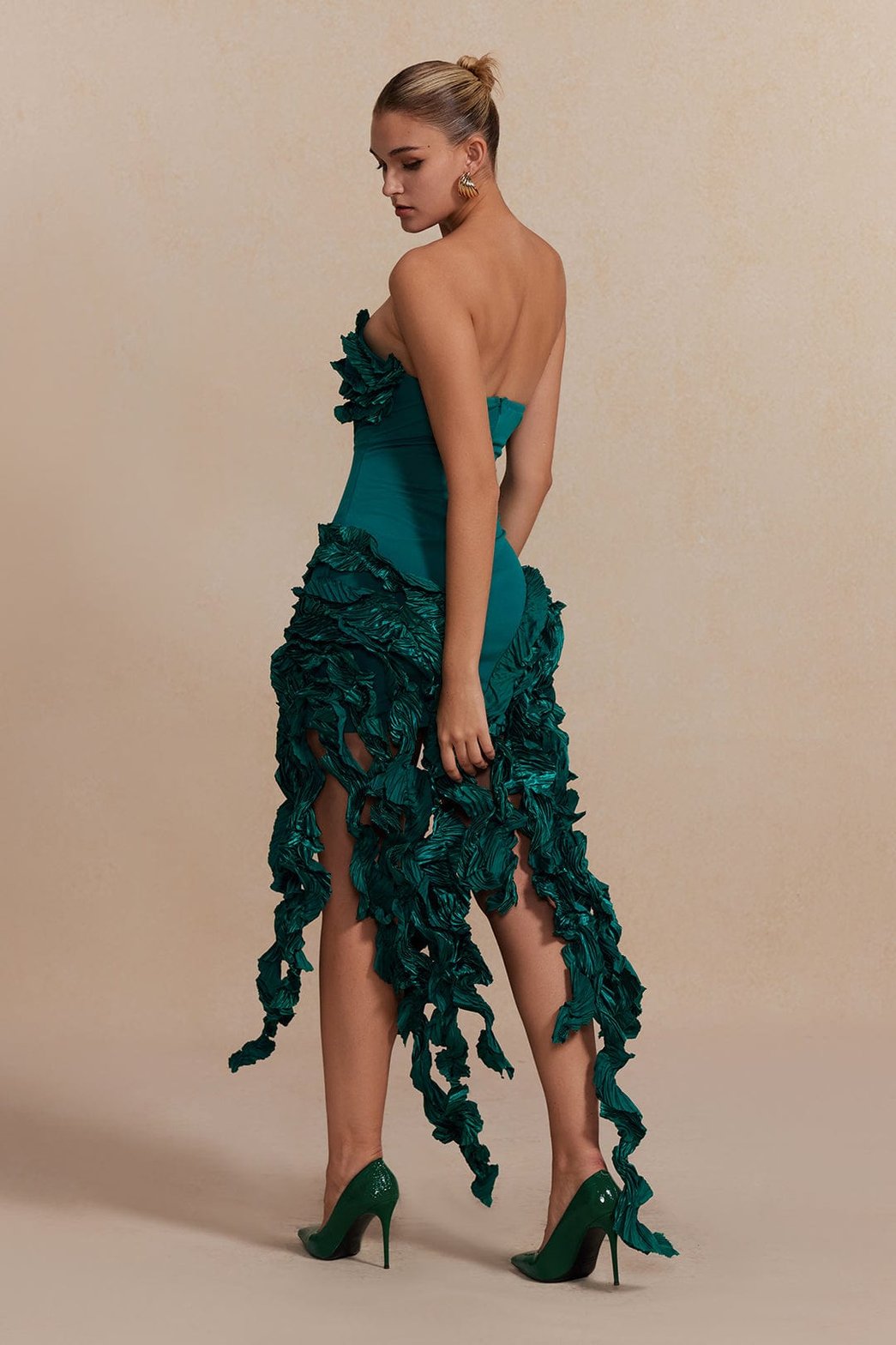 Robe Midi Élégante à Volants Émeraude