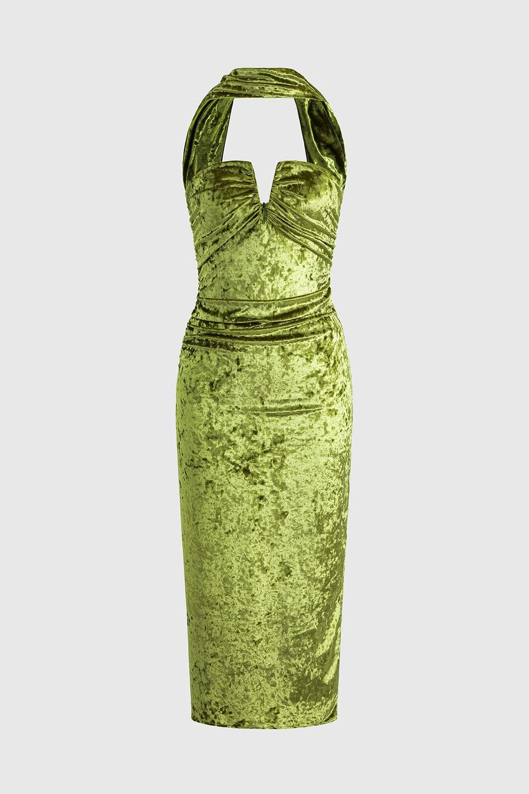 Robe midi velours vert col halter vue de face étoile