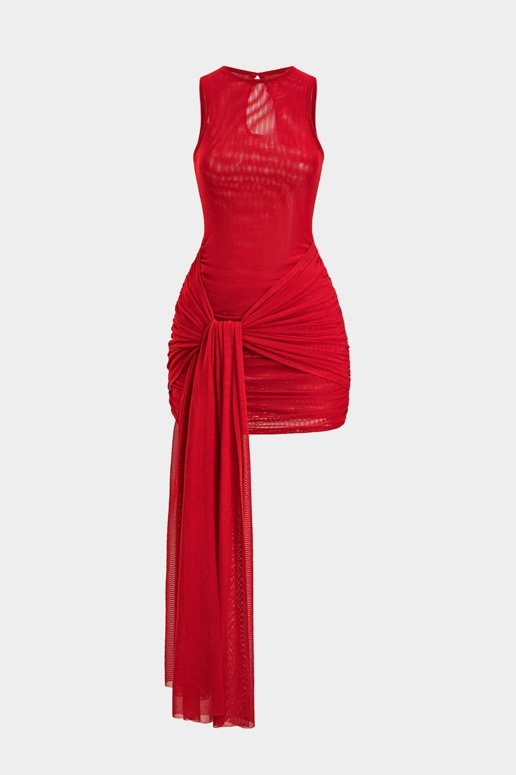 Robe moulante rouge en mesh avec nœud décoratif soleil