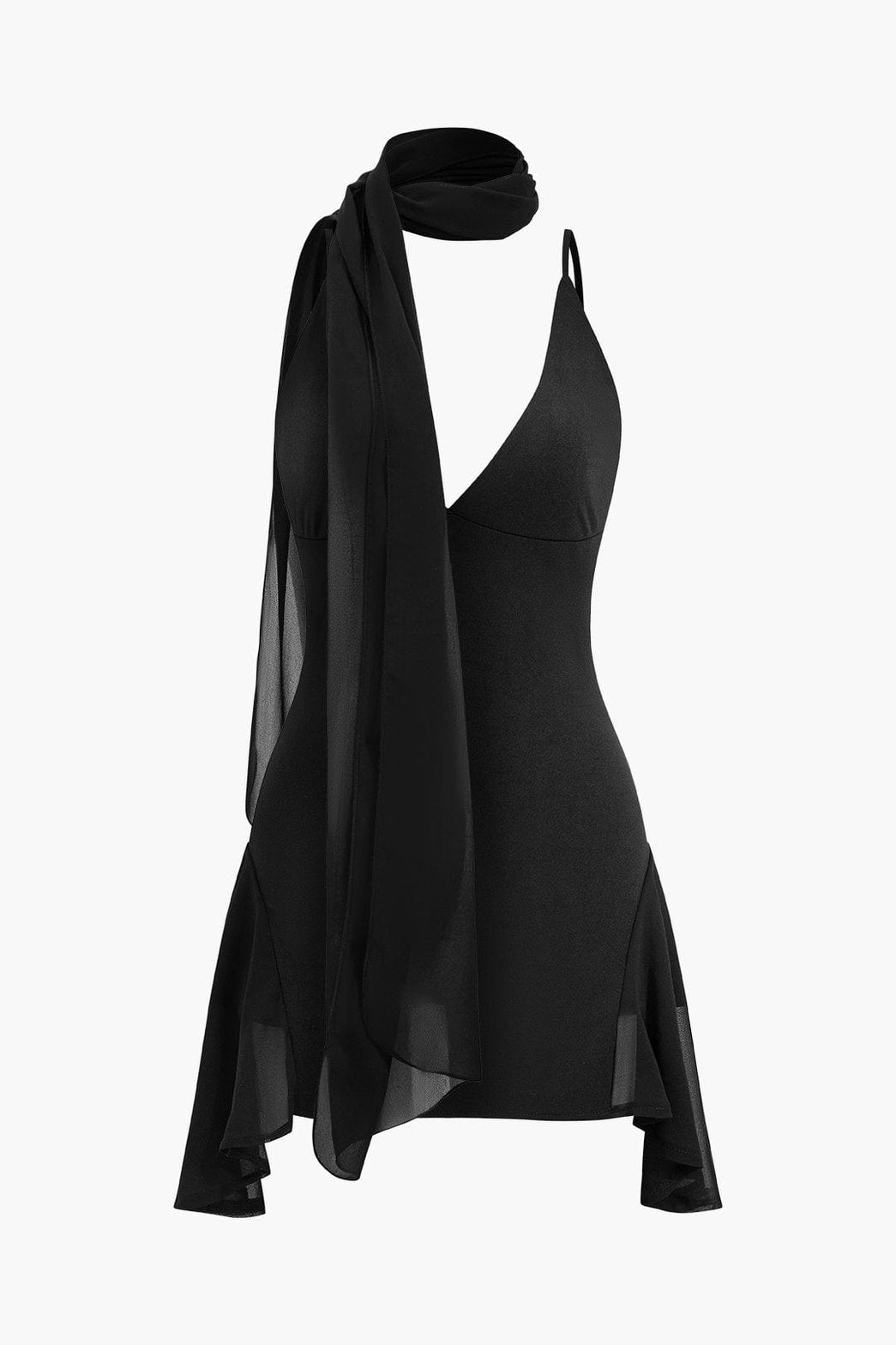 Robe mini en chiffon noir avec écharpe drapée soleil