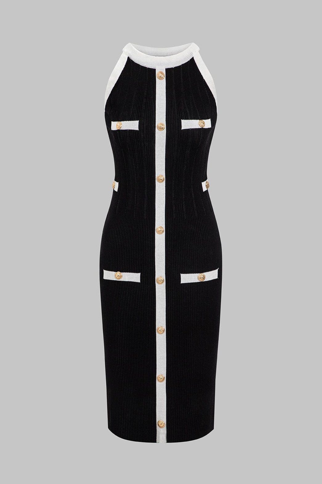 Robe moulante noire et blanche à boutons doré soleil