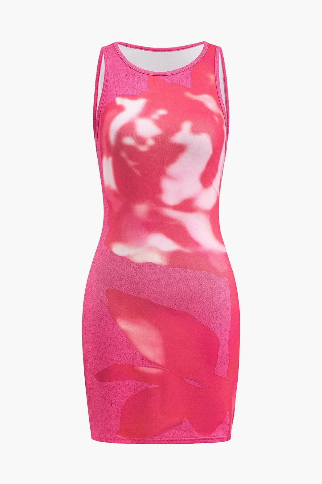 Robe moulante rose motif abstrait sans manches soleil