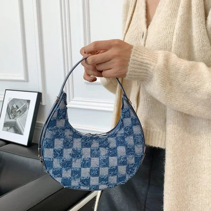 Sac baguette damier bleu vue latérale étoile