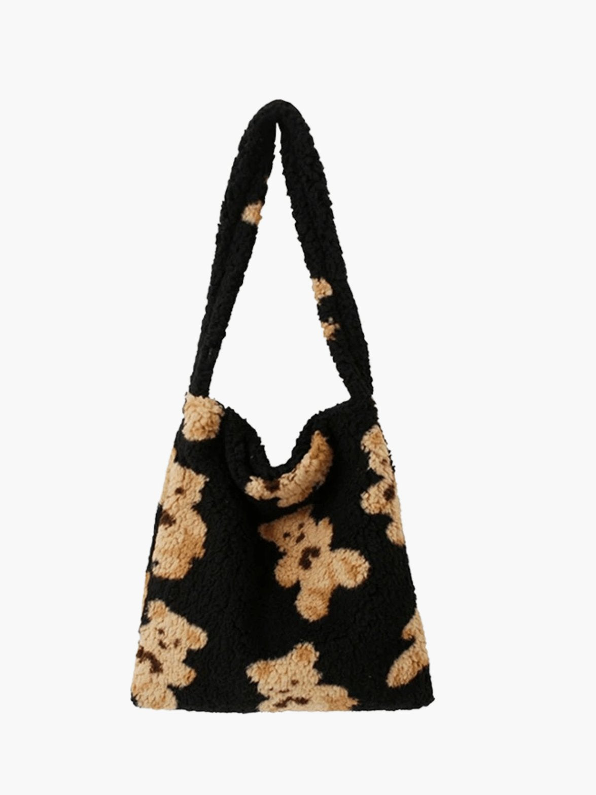Sac bandoulière peluche noir motif ourson beige soleil