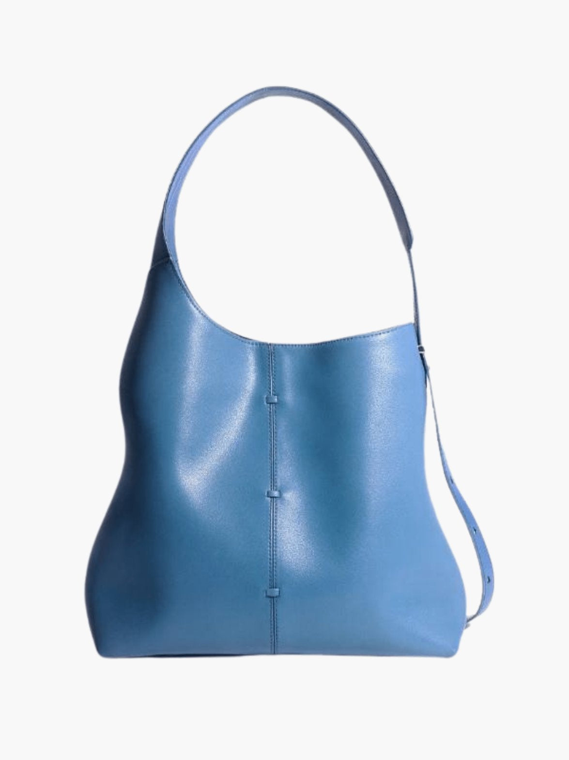 Sac hobo en cuir bleu vue avant soleil
