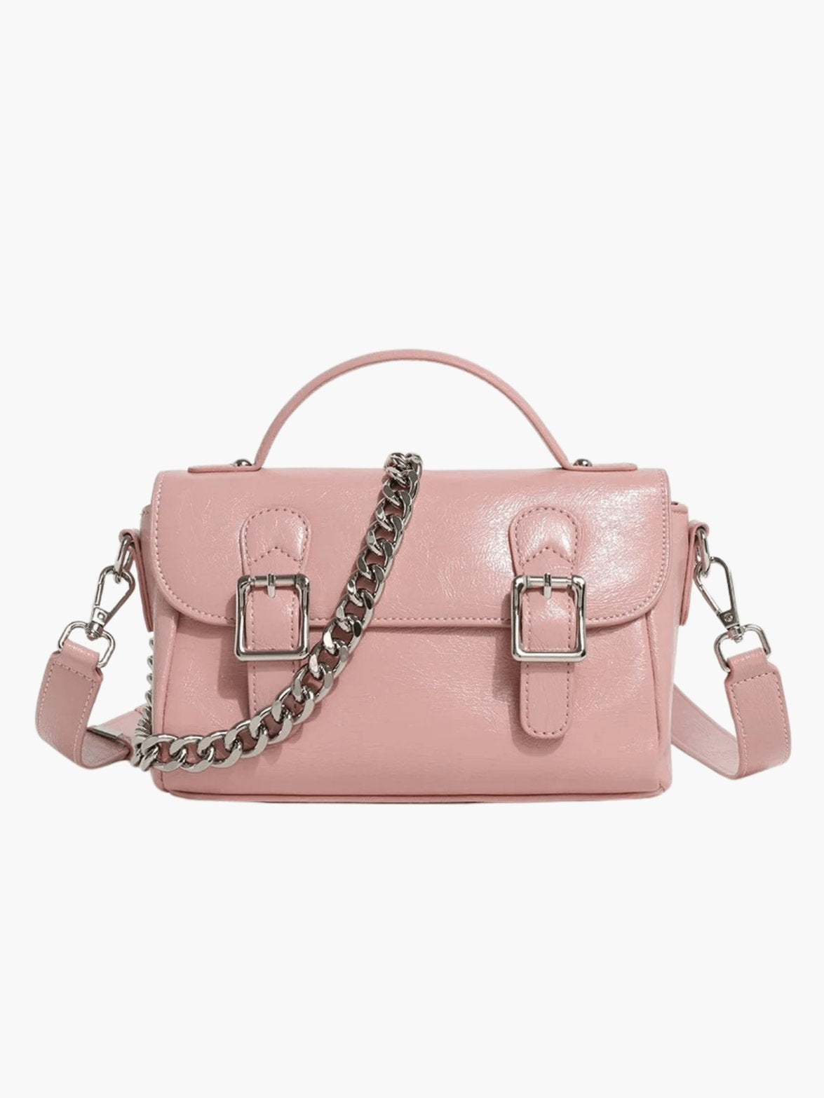 Sac en cuir rose vue de face soleil