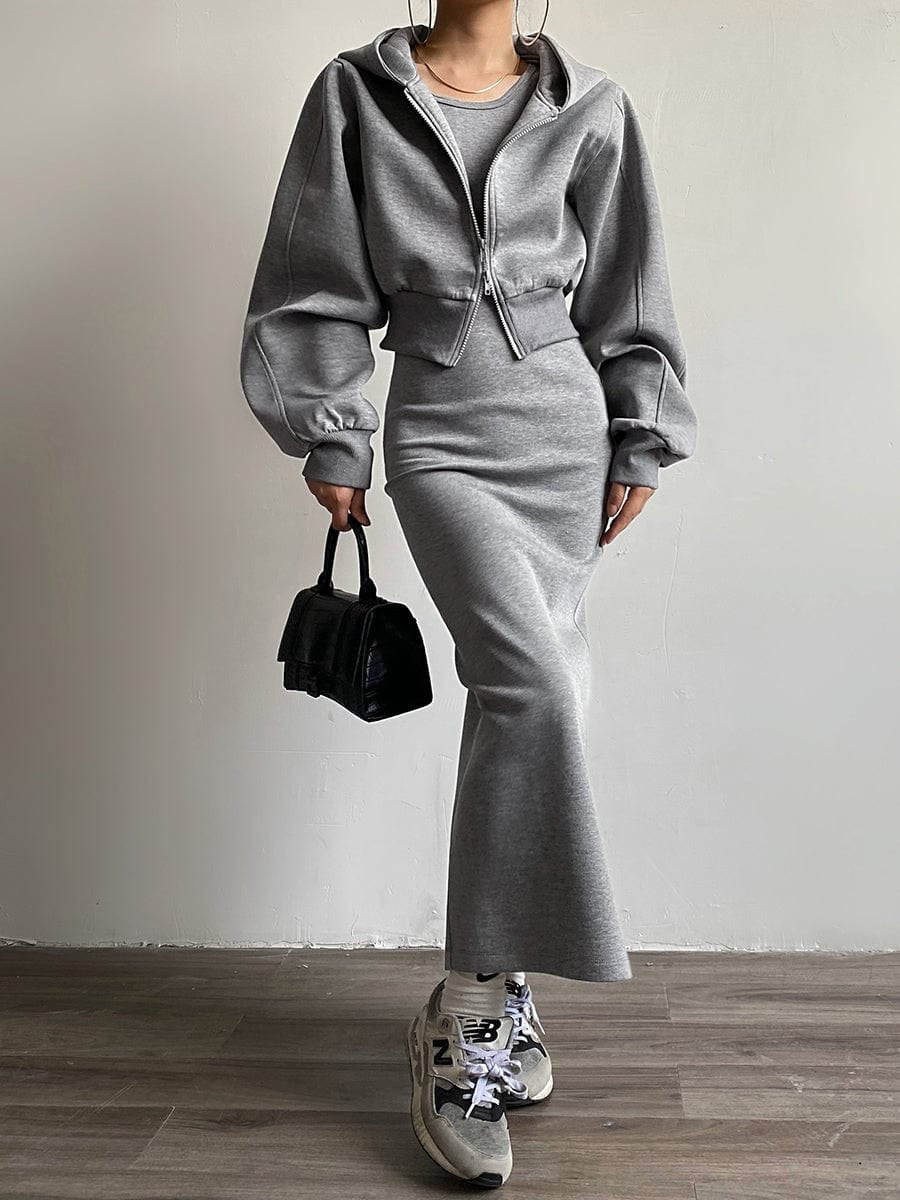 Sweat gris à capuche zippé style urbain