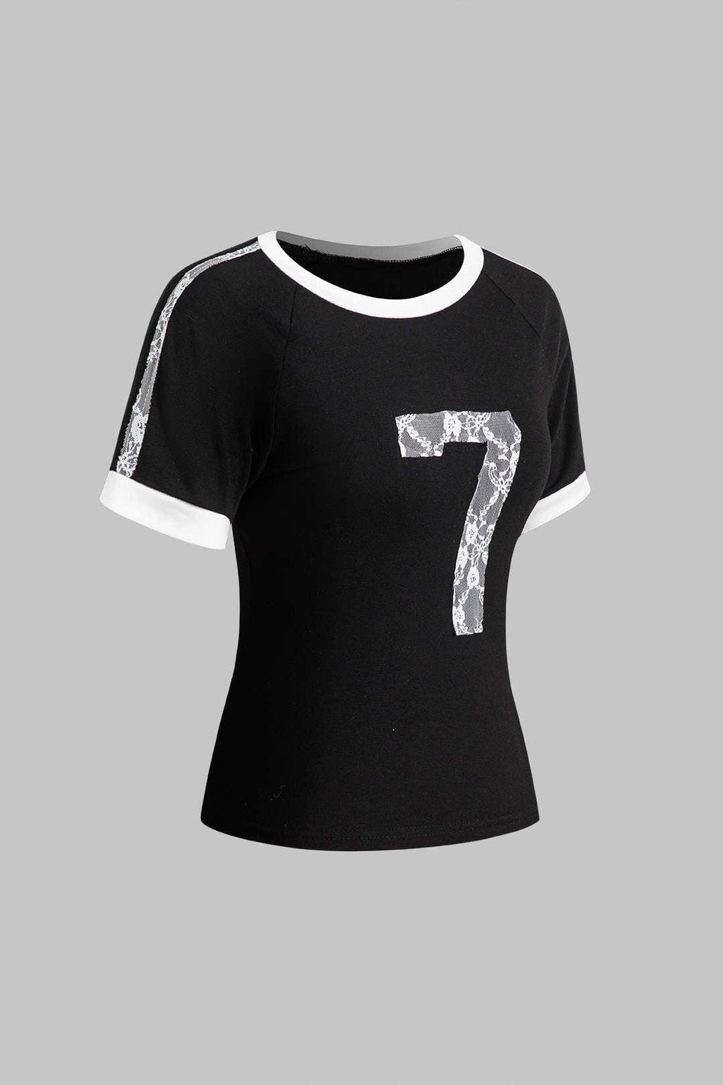 T-shirt noir détail manche dentelle prisme