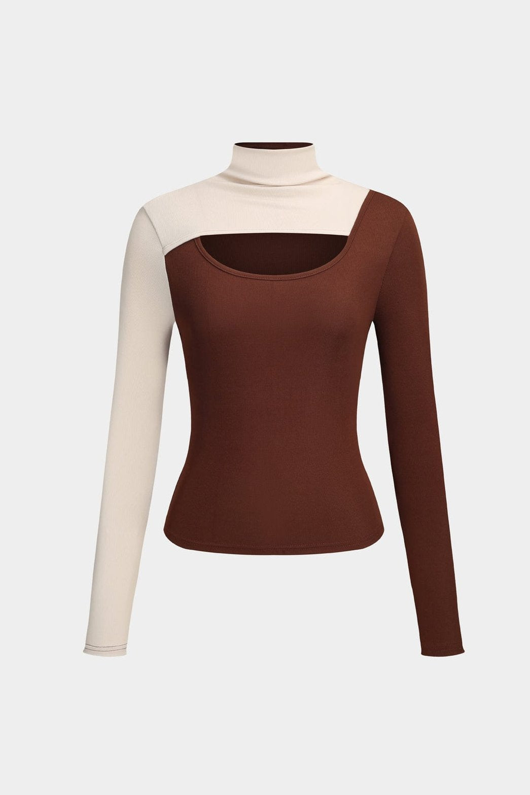 Top col montant bicolore marron et beige élégant papillon