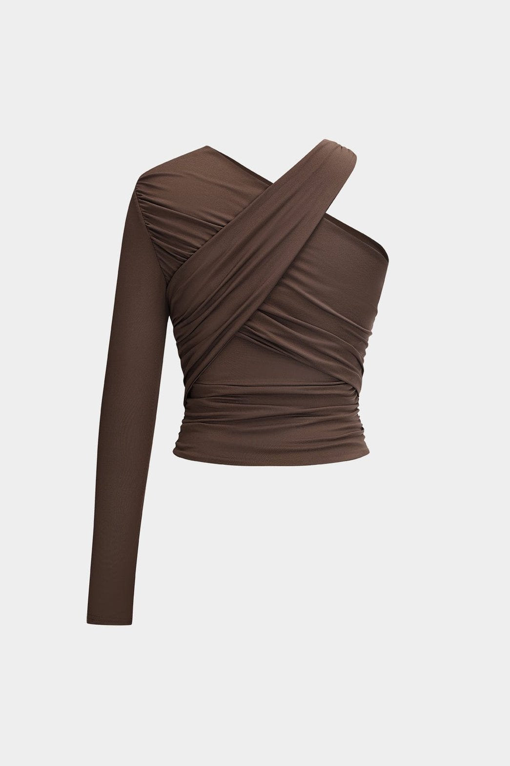 Top asymétrique drapé marron vue de côté lune