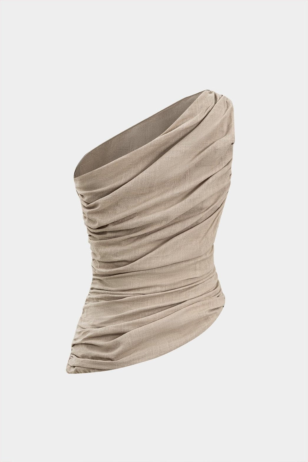 Top asymétrique beige en lin vue de côté doux