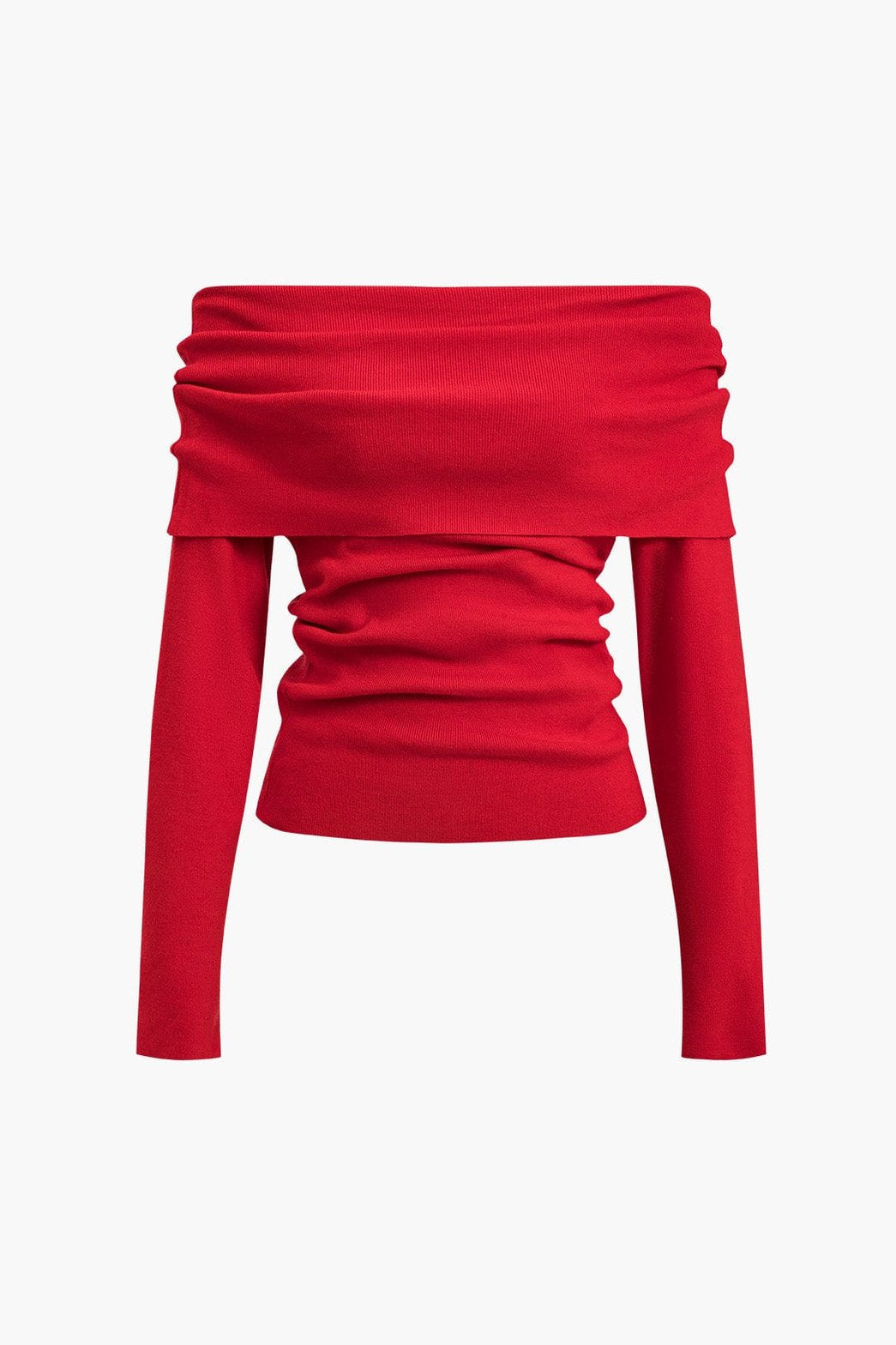 Top bardot rouge drapé en tricot doux soleil