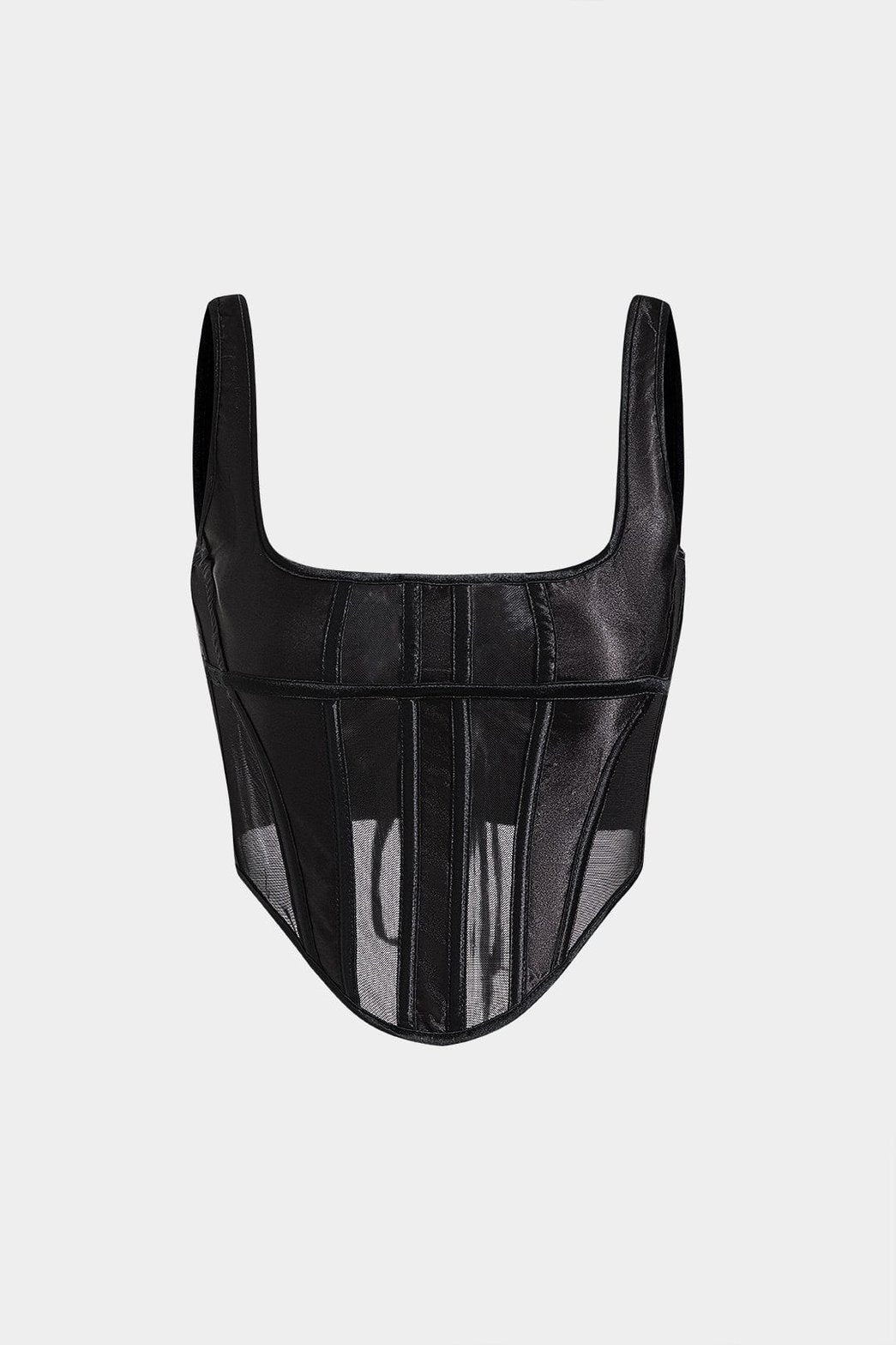 Top corset noir à bretelles vue de face soleil