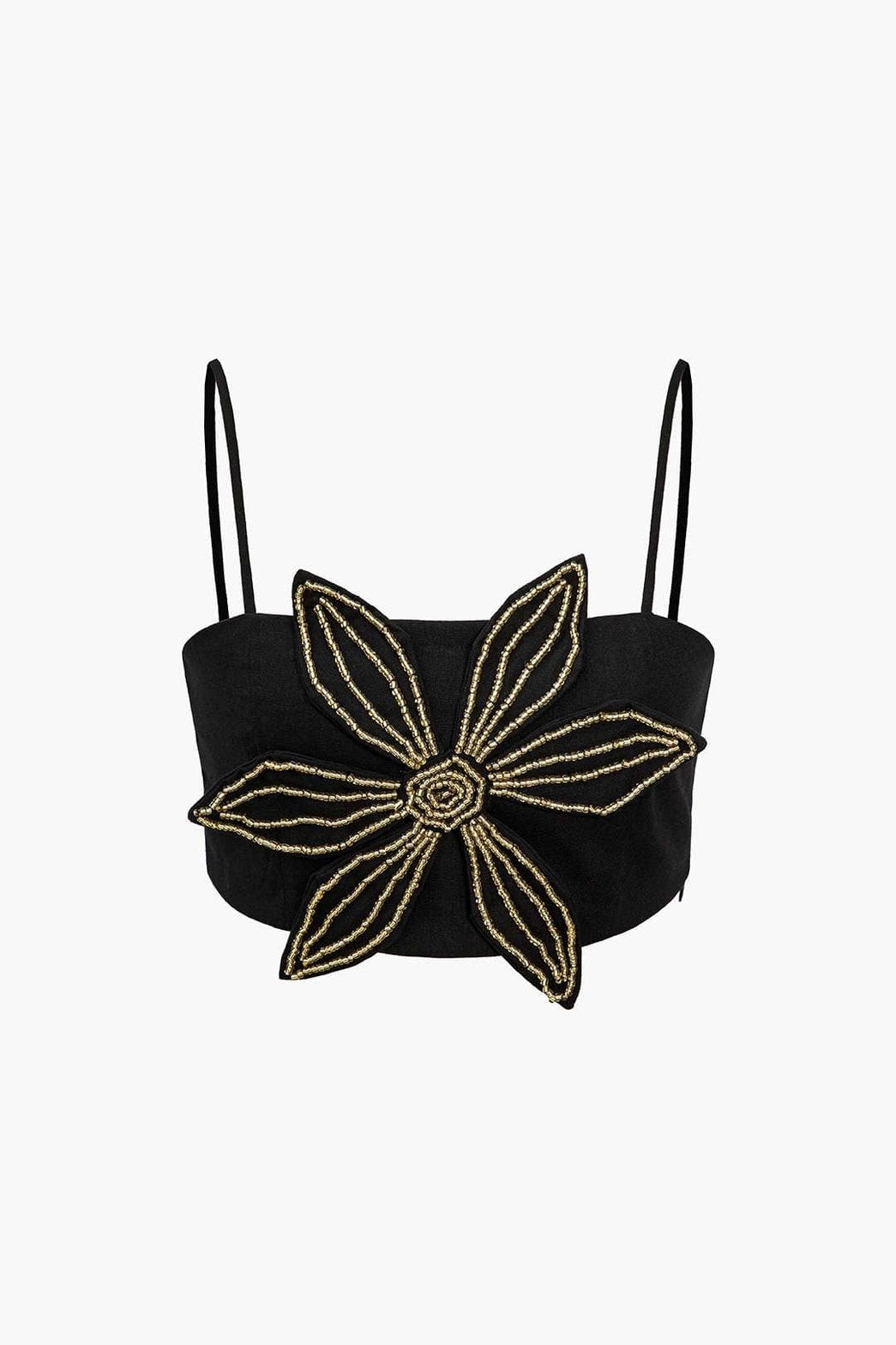 Top court noir à fleur dorée pailletée soleil