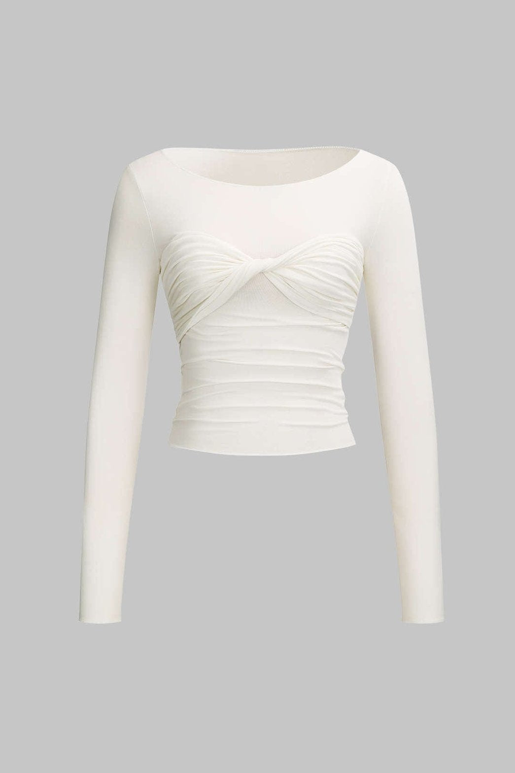 Top blanc drapé manches longues vue de face soleil