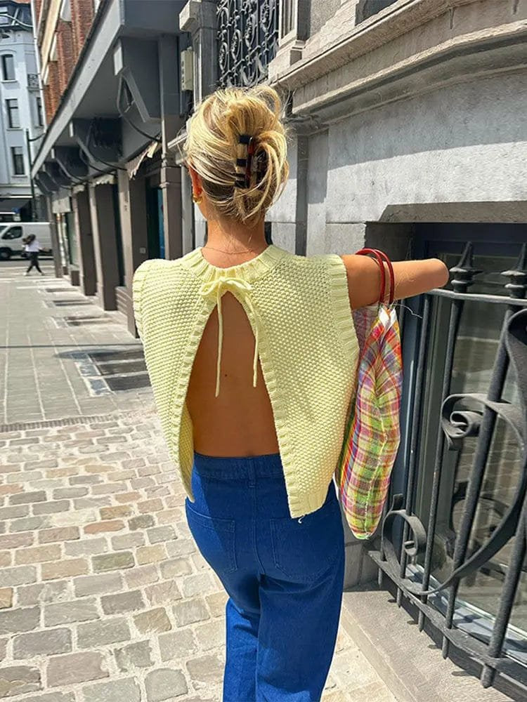 Top en maille jaune élégant sans manches soleil