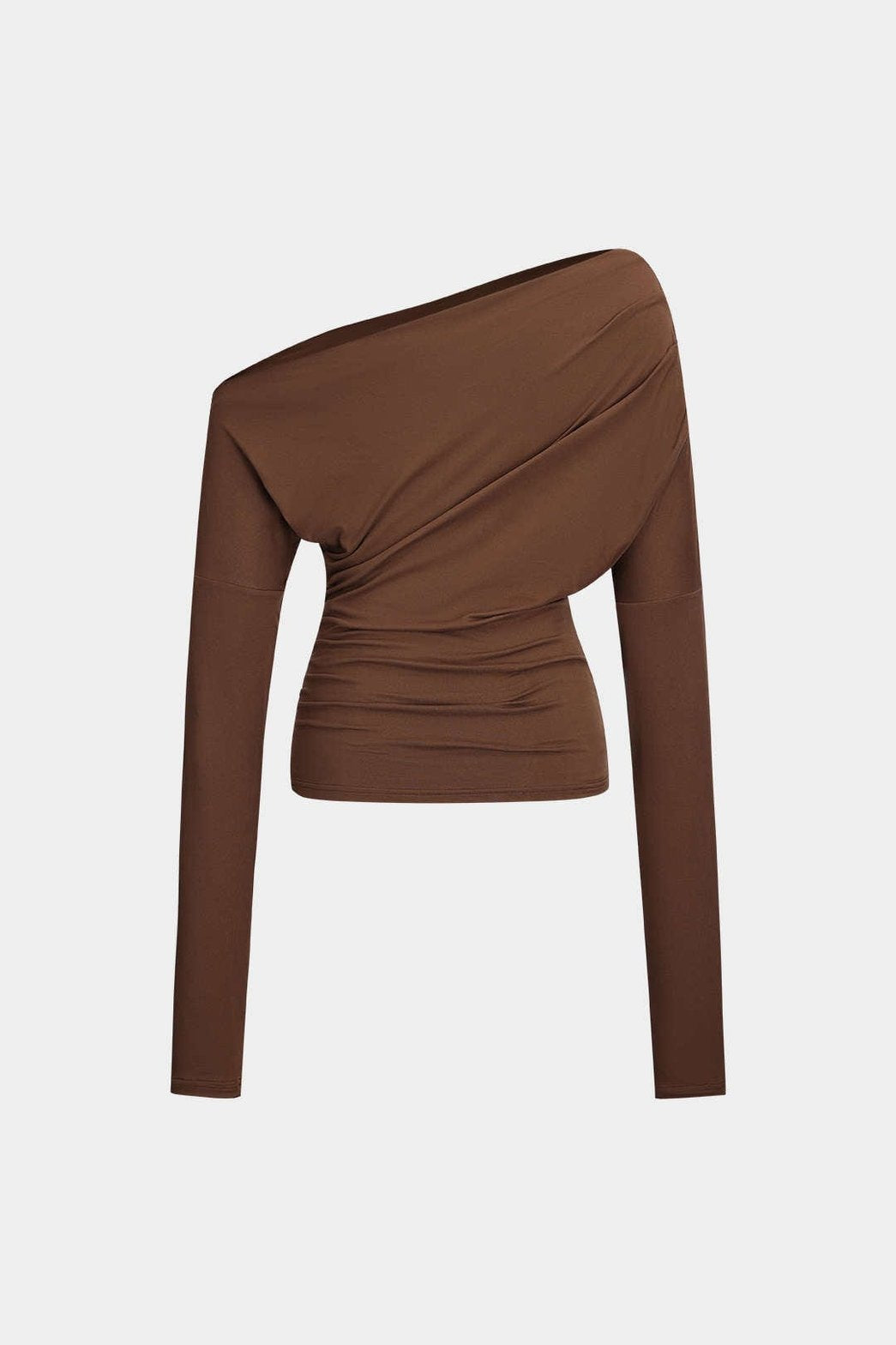 Top asymétrique drapé marron vue de dos soleil