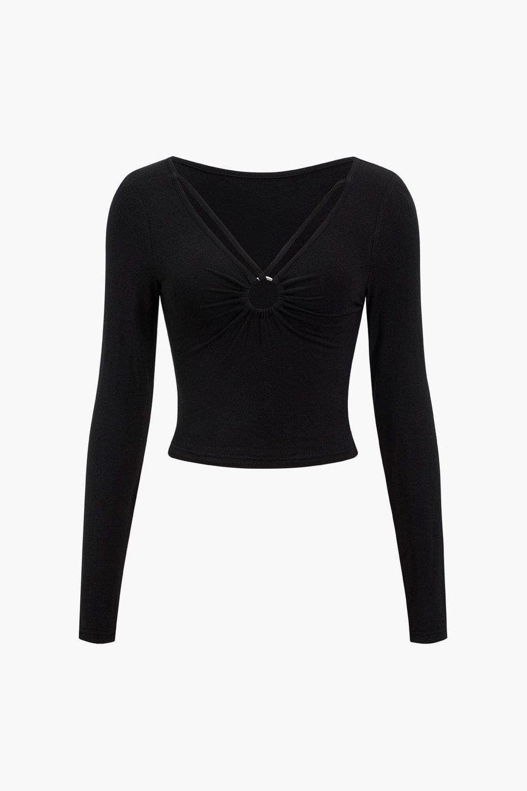 Top moulant noir col V anneau métallique vue de face - Douceur