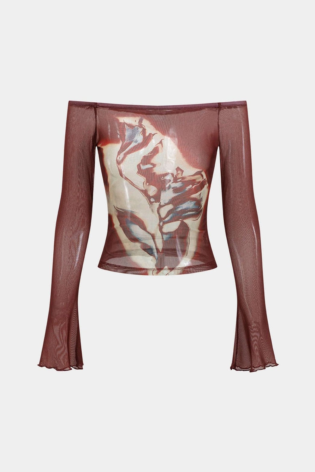 Haut transparent fleuri bordeaux épaules dénudées - Douceur