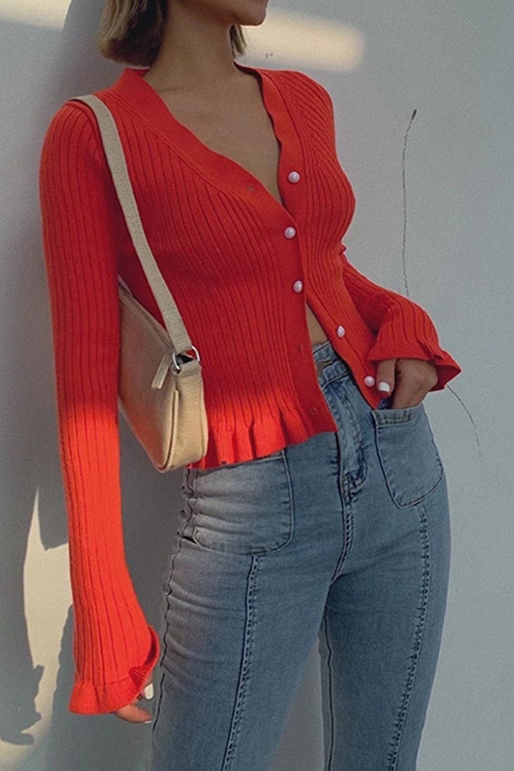 Top rouge côtelé avec volants lune