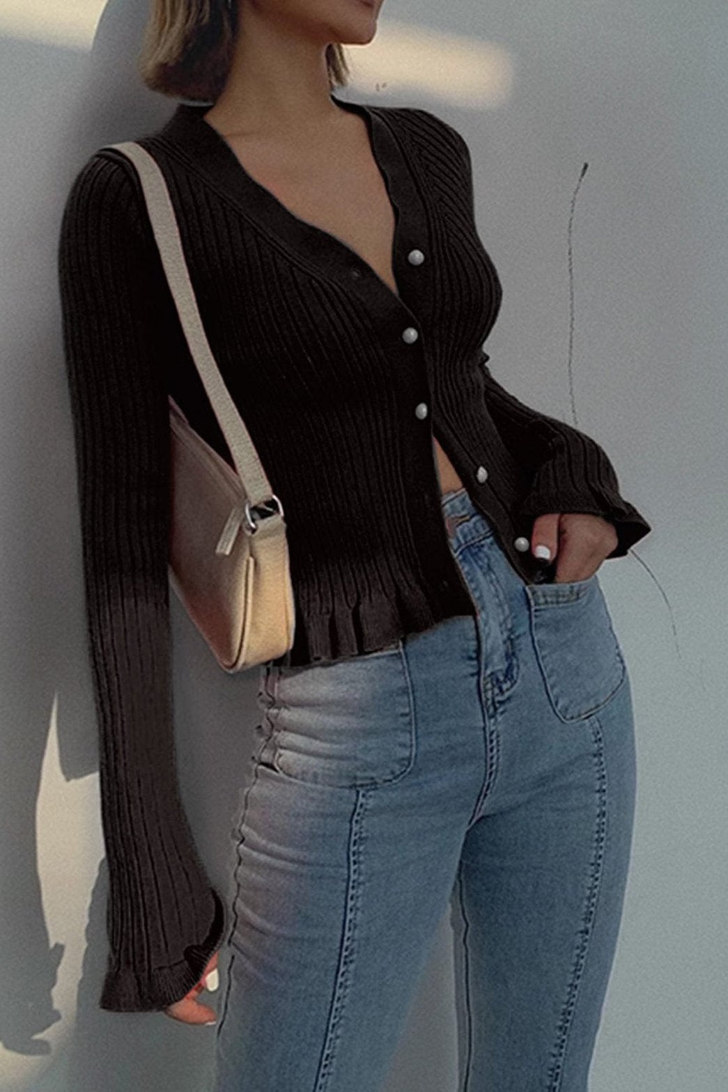 Top rouge côtelé avec volants arc