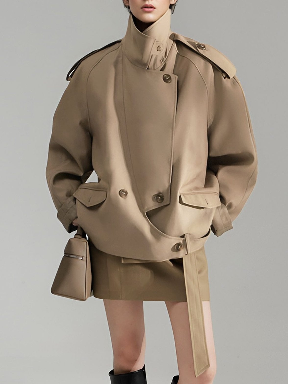 Trench asymétrique beige vue de profil étoile
