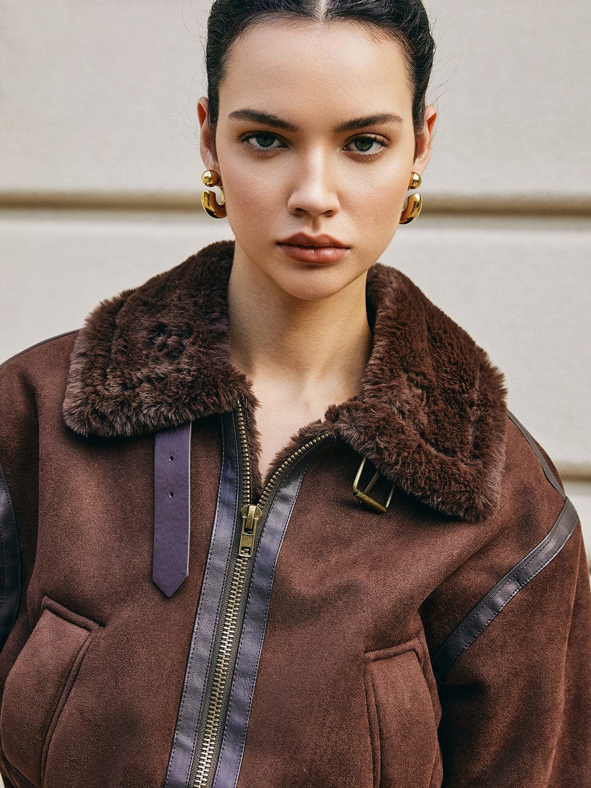 Veste aviateur marron col fourrure vue portée chic