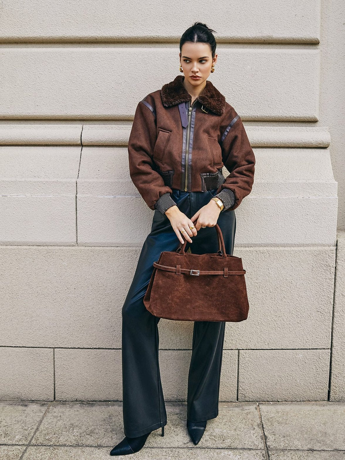 Veste aviateur marron col fourrure vue avant douceur