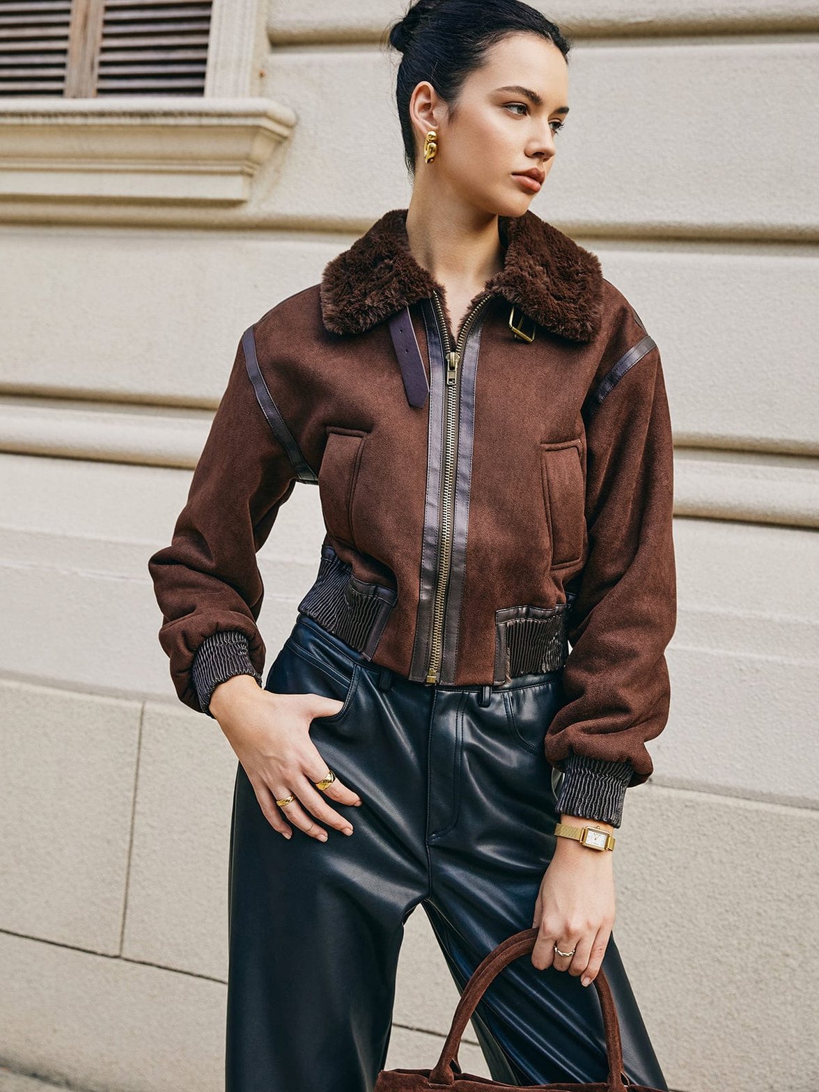 Veste aviateur marron col fourrure vue côté confort