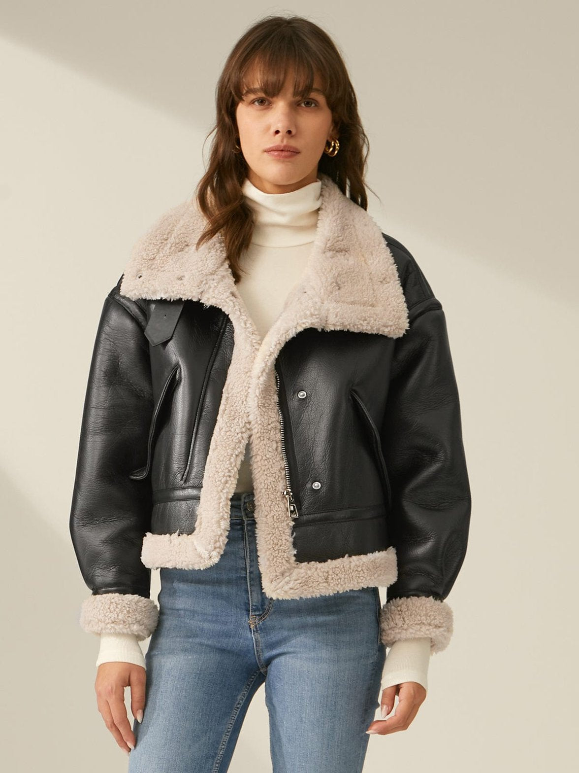Veste aviateur noire doublée sherpa beige radiant