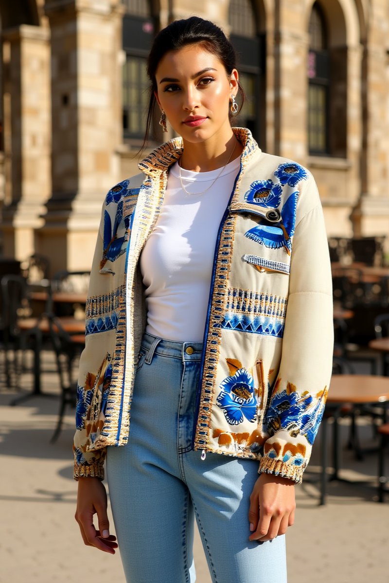 Veste bomber motif ethnique bleu et doré sweet