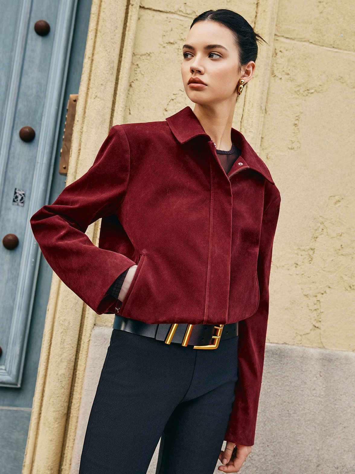Veste daim bordeaux poches liberté